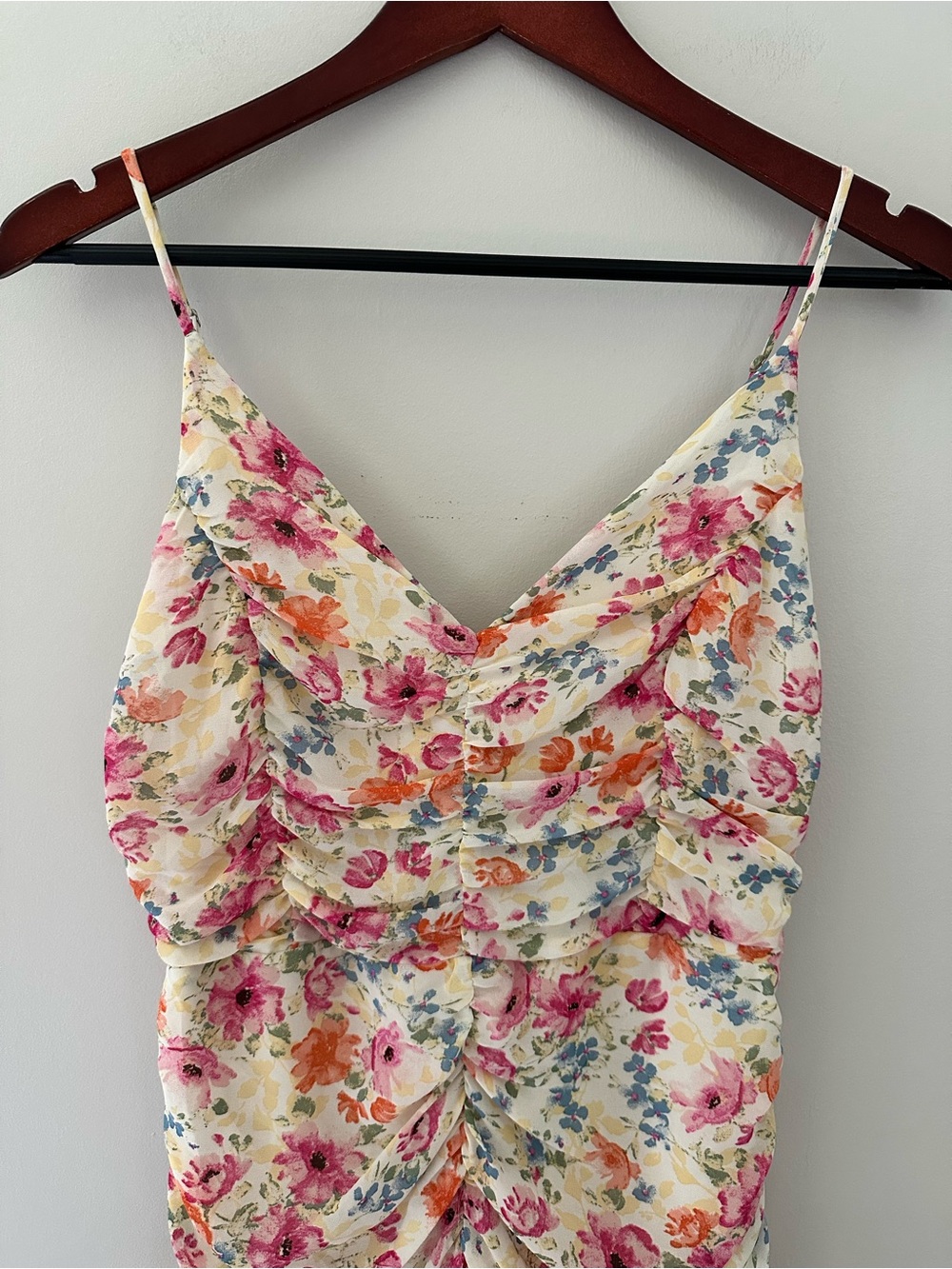 ASTR The Label Floral Ruched Flounce Mini Slip Dress -Cream Pink Blue Multicolor